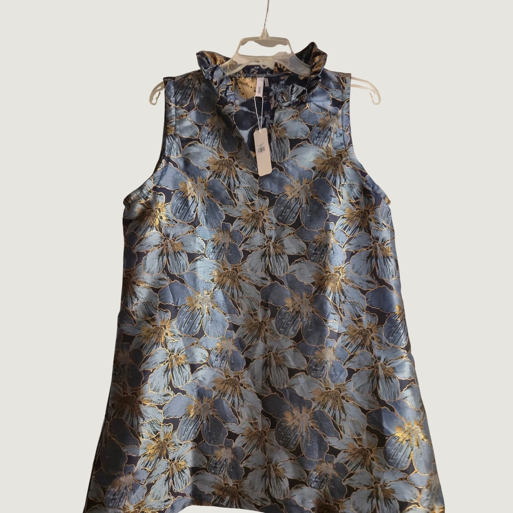 Glam Mod Dress Women L Blue Gold Floral Jacquard Ruffle Metallic Glam Mod NWT